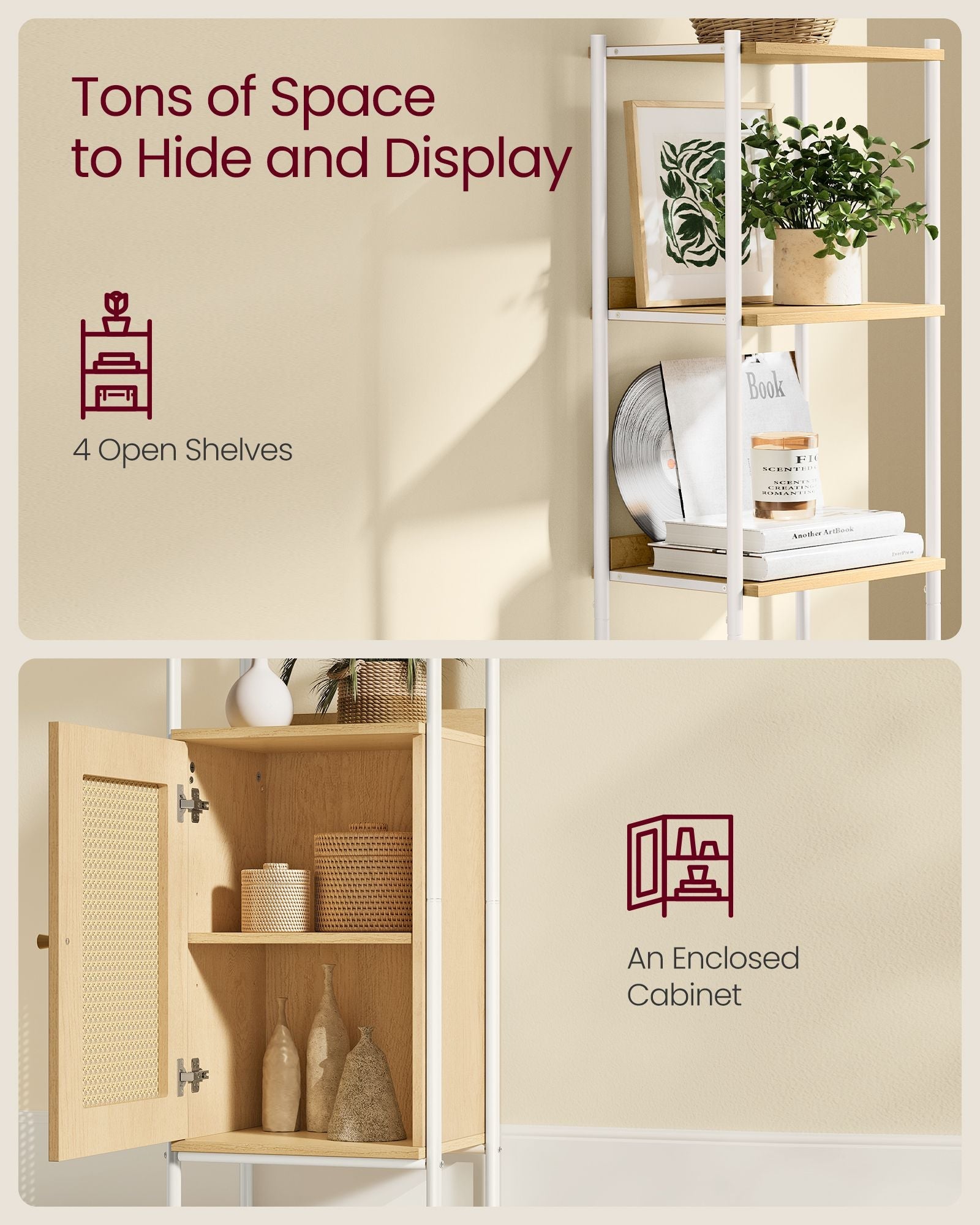 Freestanding Bookcase – Oak with Rattan-Like Door – Beige and Pearl White – Adjustable Shelves, Boho Style