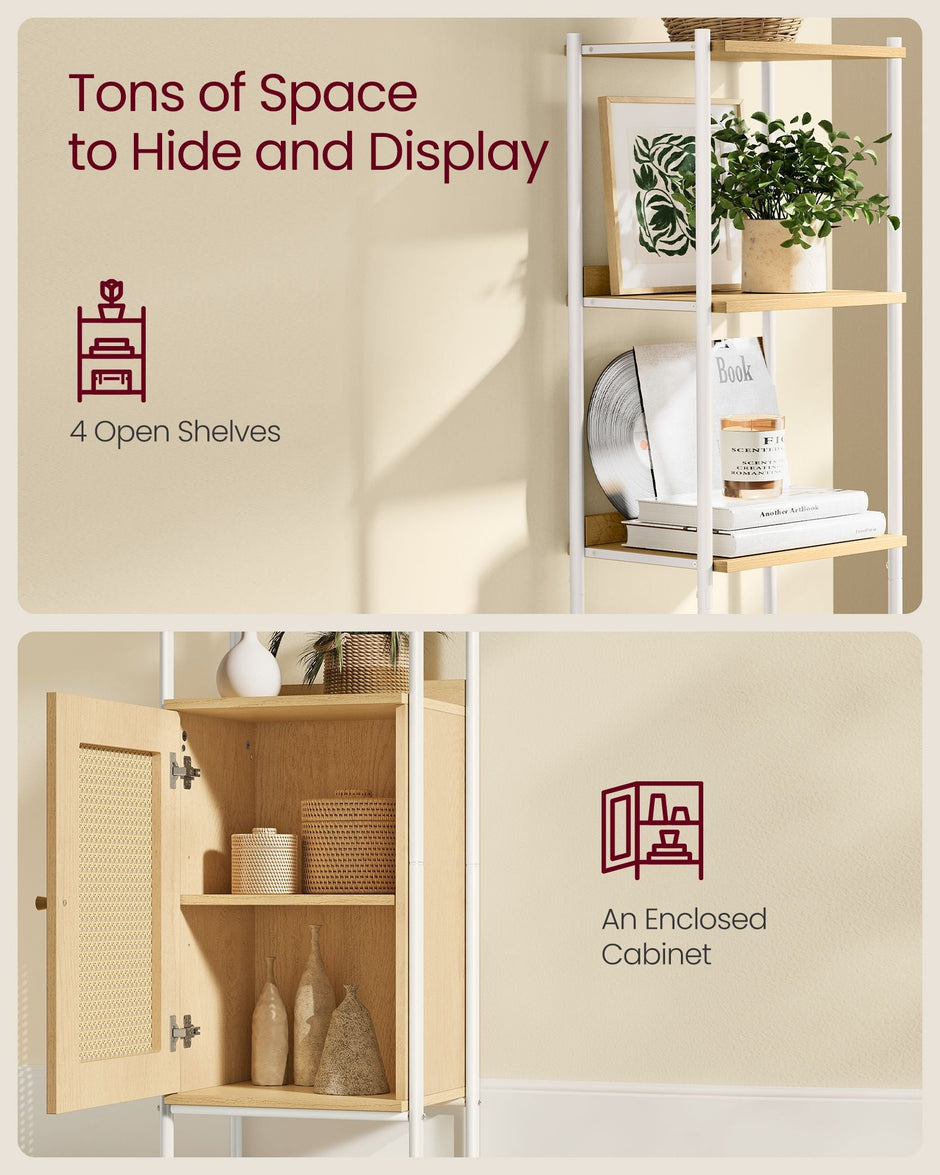 Freestanding Bookcase – Oak with Rattan-Like Door – Beige and Pearl White – Adjustable Shelves, Boho Style