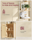 Freestanding Bookcase – Oak with Rattan-Like Door – Beige and Pearl White – Adjustable Shelves, Boho Style