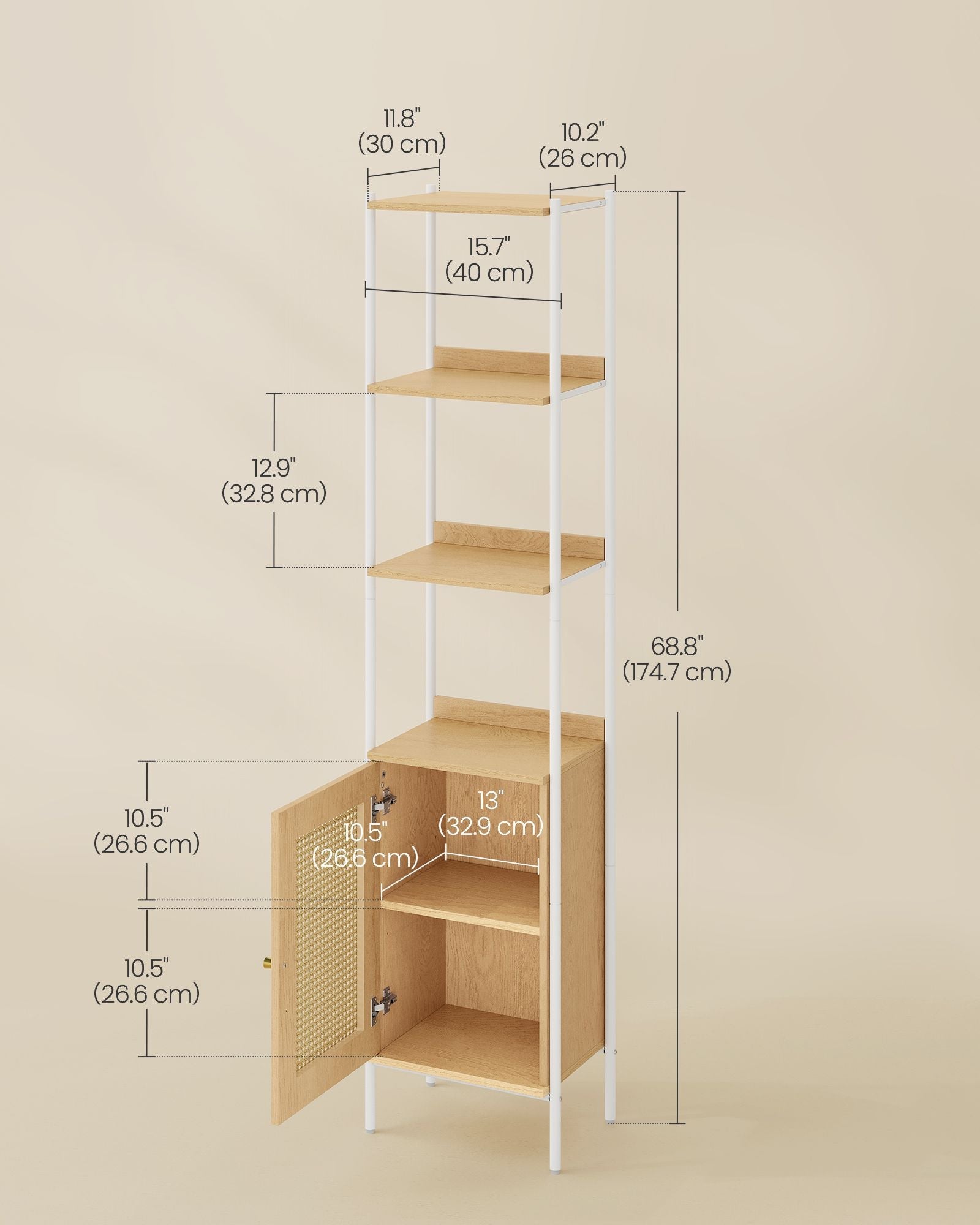 Freestanding Bookcase – Oak with Rattan-Like Door – Beige and Pearl White – Adjustable Shelves, Boho Style
