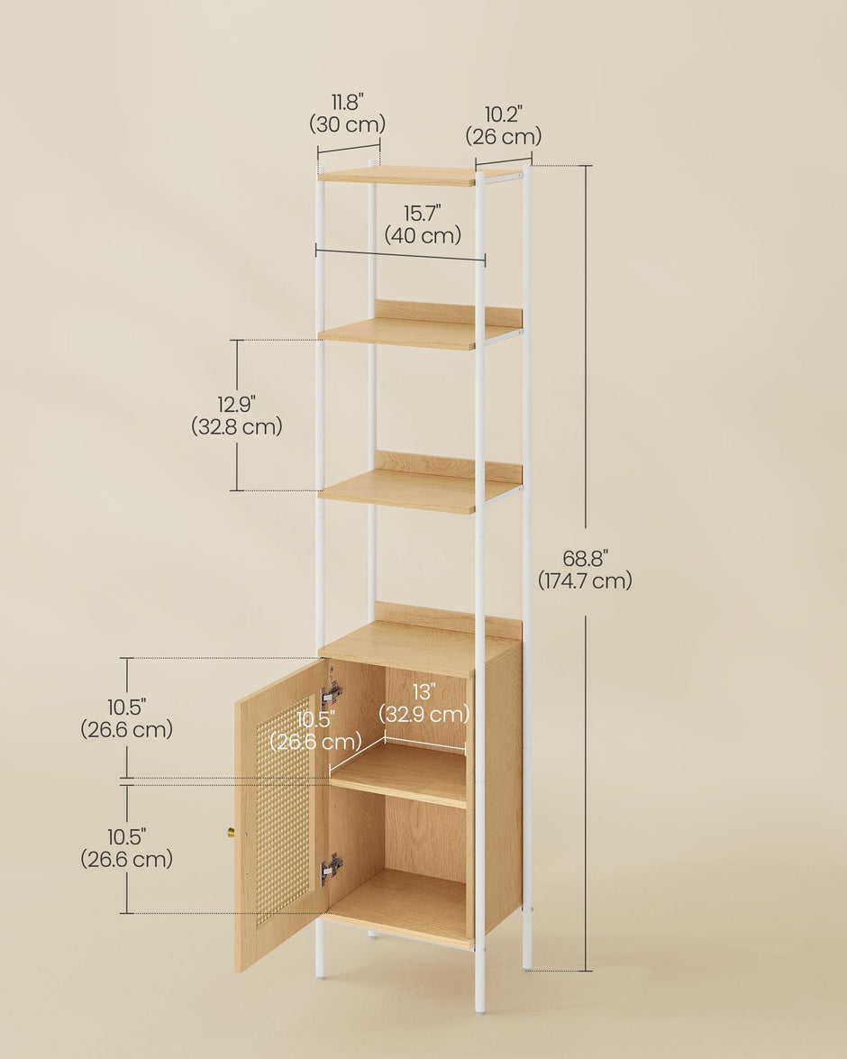 Freestanding Bookcase – Oak with Rattan-Like Door – Beige and Pearl White – Adjustable Shelves, Boho Style