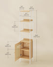 Freestanding Bookcase – Oak with Rattan-Like Door – Beige and Pearl White – Adjustable Shelves, Boho Style