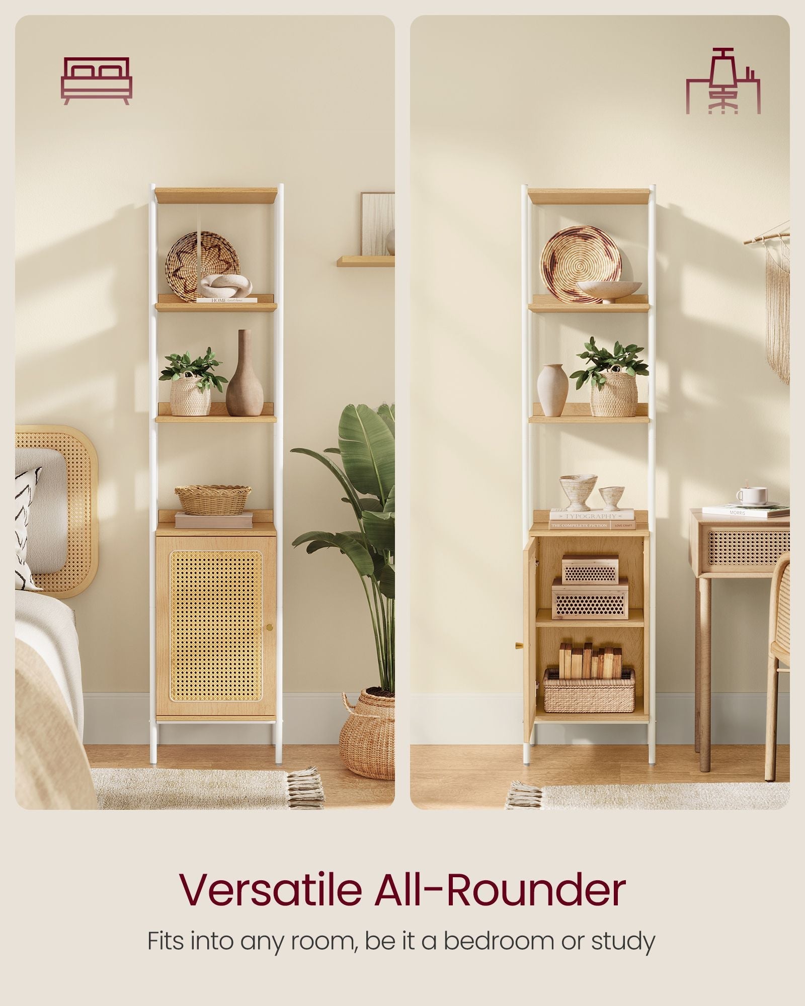 Freestanding Bookcase – Oak with Rattan-Like Door – Beige and Pearl White – Adjustable Shelves, Boho Style