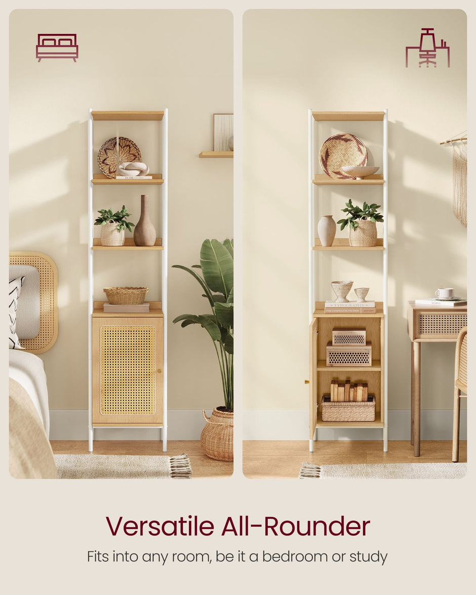 Freestanding Bookcase – Oak with Rattan-Like Door – Beige and Pearl White – Adjustable Shelves, Boho Style
