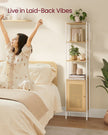 Freestanding Bookcase – Oak with Rattan-Like Door – Beige and Pearl White – Adjustable Shelves, Boho Style