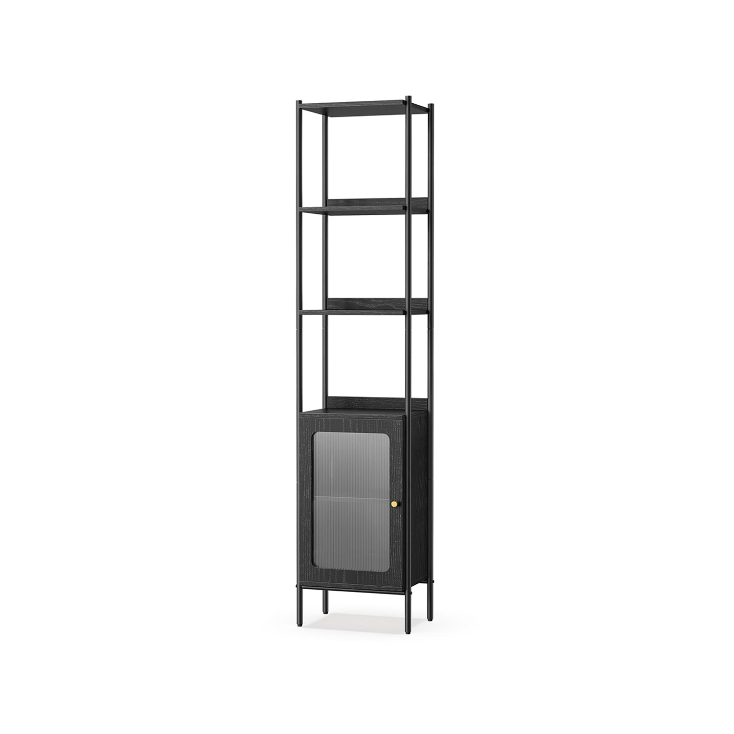 Tall Bookshelf – Metal Frame and PC Plastic – Ebony Black and Matte Black – Adjustable Shelves with Rattan-Like Doors