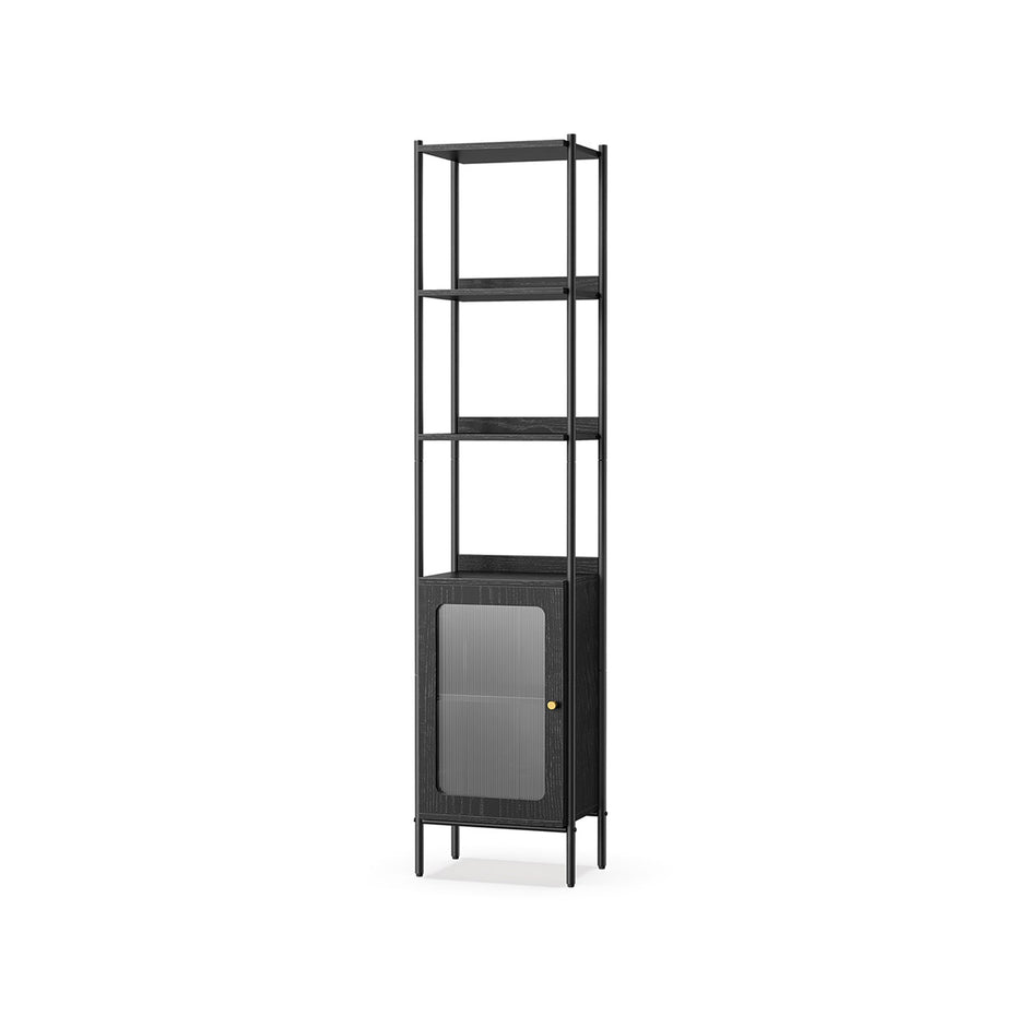 Tall Bookshelf – Metal Frame and PC Plastic – Ebony Black and Matte Black – Adjustable Shelves with Rattan-Like Doors