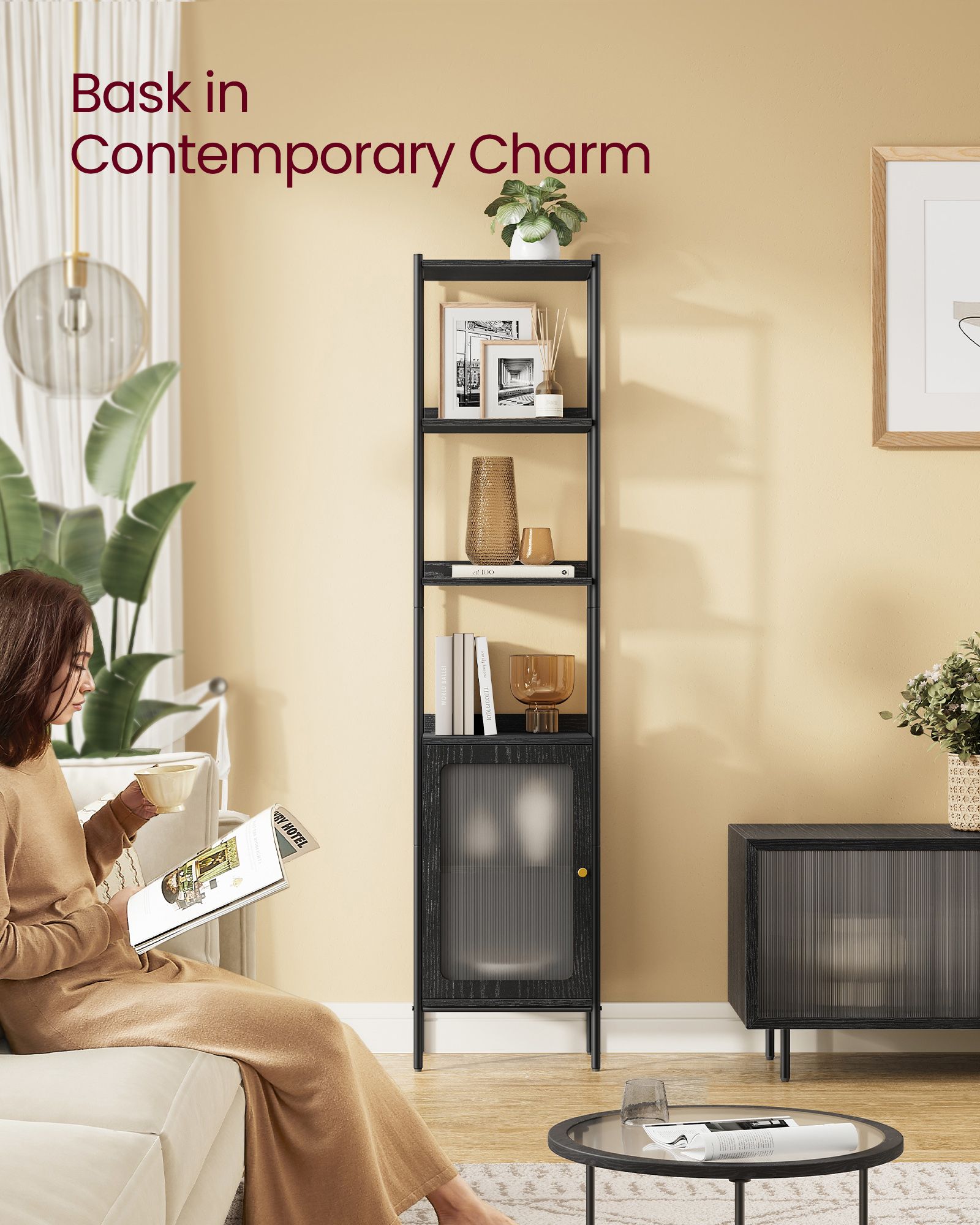 Tall Bookshelf – Metal Frame and PC Plastic – Ebony Black and Matte Black – Adjustable Shelves with Rattan-Like Doors