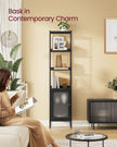 Tall Bookshelf – Metal Frame and PC Plastic – Ebony Black and Matte Black – Adjustable Shelves with Rattan-Like Doors