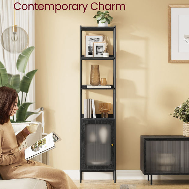 Tall Bookshelf – Metal Frame and PC Plastic – Ebony Black and Matte Black – Adjustable Shelves with Rattan-Like Doors