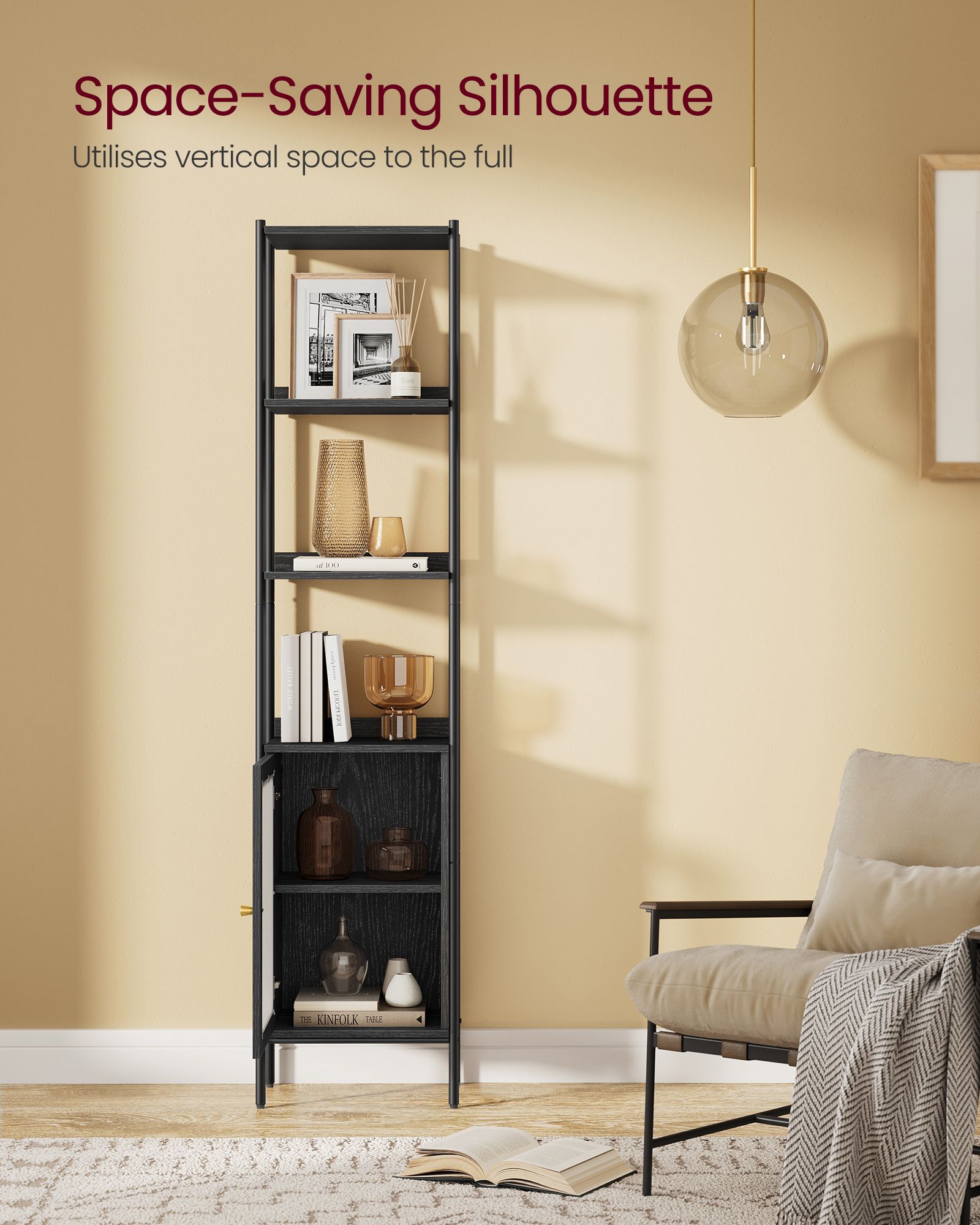 Tall Bookshelf – Metal Frame and PC Plastic – Ebony Black and Matte Black – Adjustable Shelves with Rattan-Like Doors