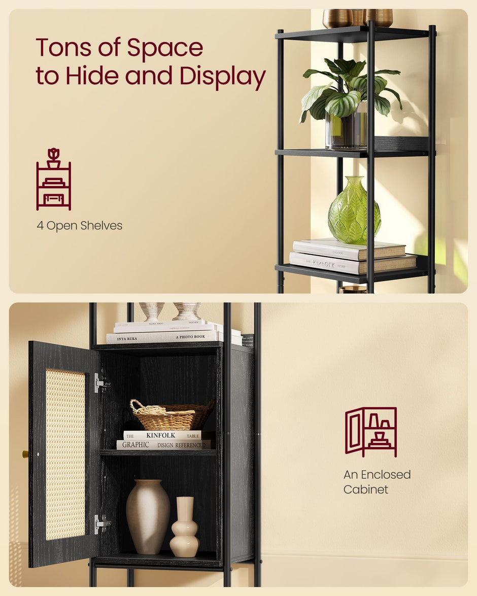 Tall Bookshelf – Metal Frame and PC Plastic – Ebony Black and Matte Black – Adjustable Shelves with Rattan-Like Doors