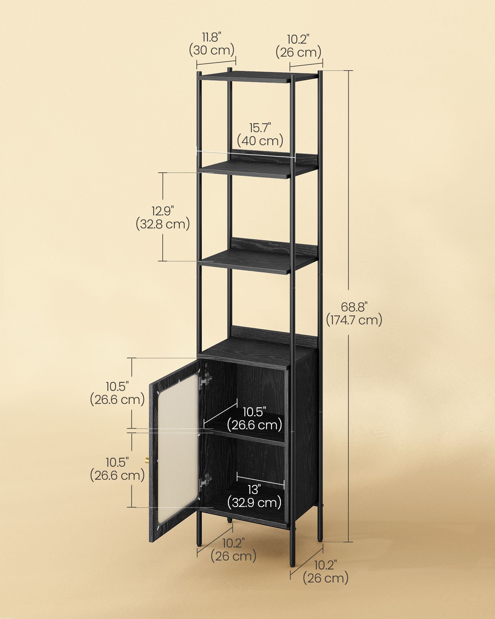 Tall Bookshelf – Metal Frame and PC Plastic – Ebony Black and Matte Black – Adjustable Shelves with Rattan-Like Doors