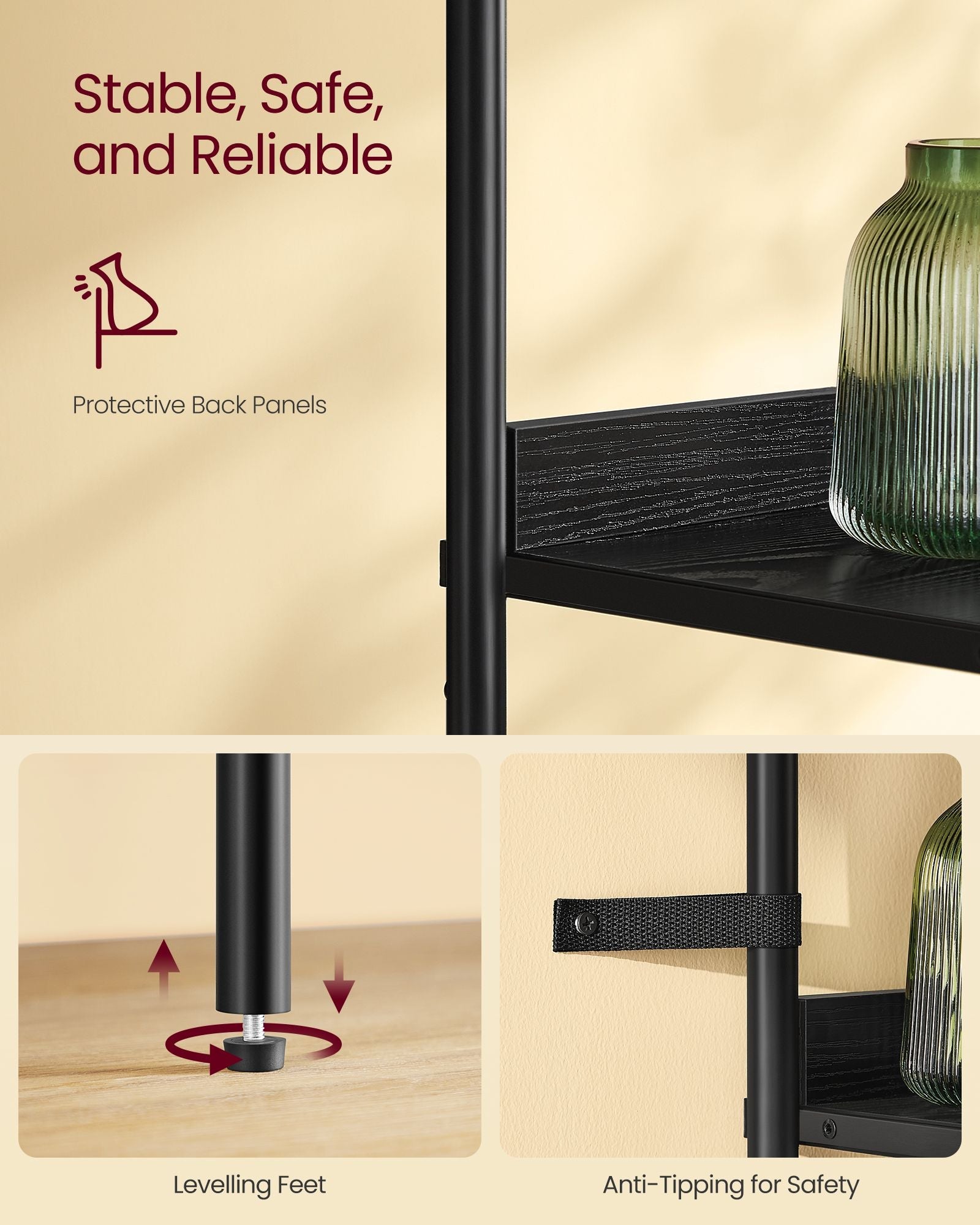 Tall Bookshelf – Metal Frame and PC Plastic – Ebony Black and Matte Black – Adjustable Shelves with Rattan-Like Doors