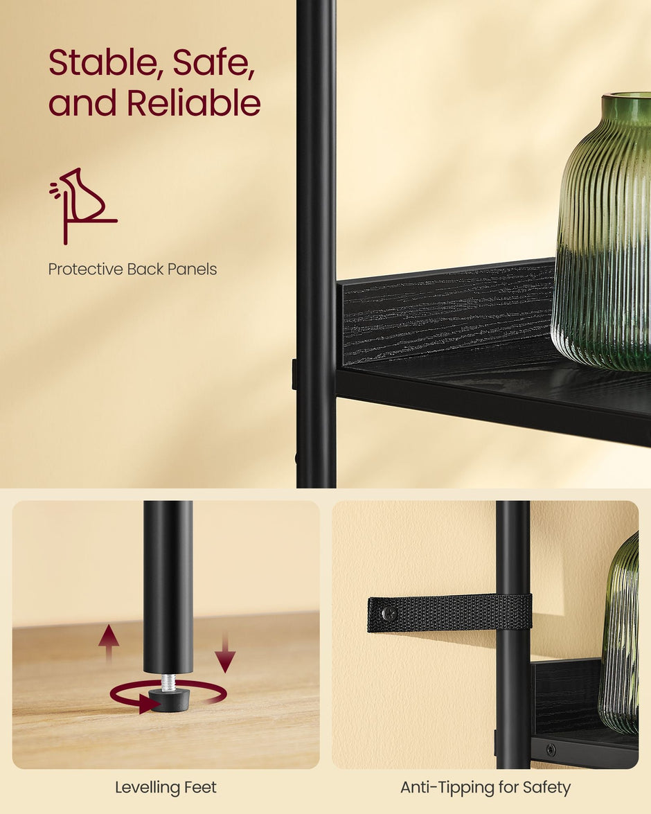 Tall Bookshelf – Metal Frame and PC Plastic – Ebony Black and Matte Black – Adjustable Shelves with Rattan-Like Doors