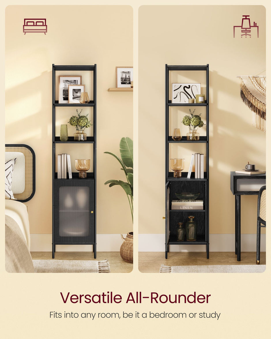 Tall Bookshelf – Metal Frame and PC Plastic – Ebony Black and Matte Black – Adjustable Shelves with Rattan-Like Doors