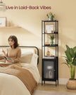 Tall Bookshelf – Metal Frame and PC Plastic – Ebony Black and Matte Black – Adjustable Shelves with Rattan-Like Doors