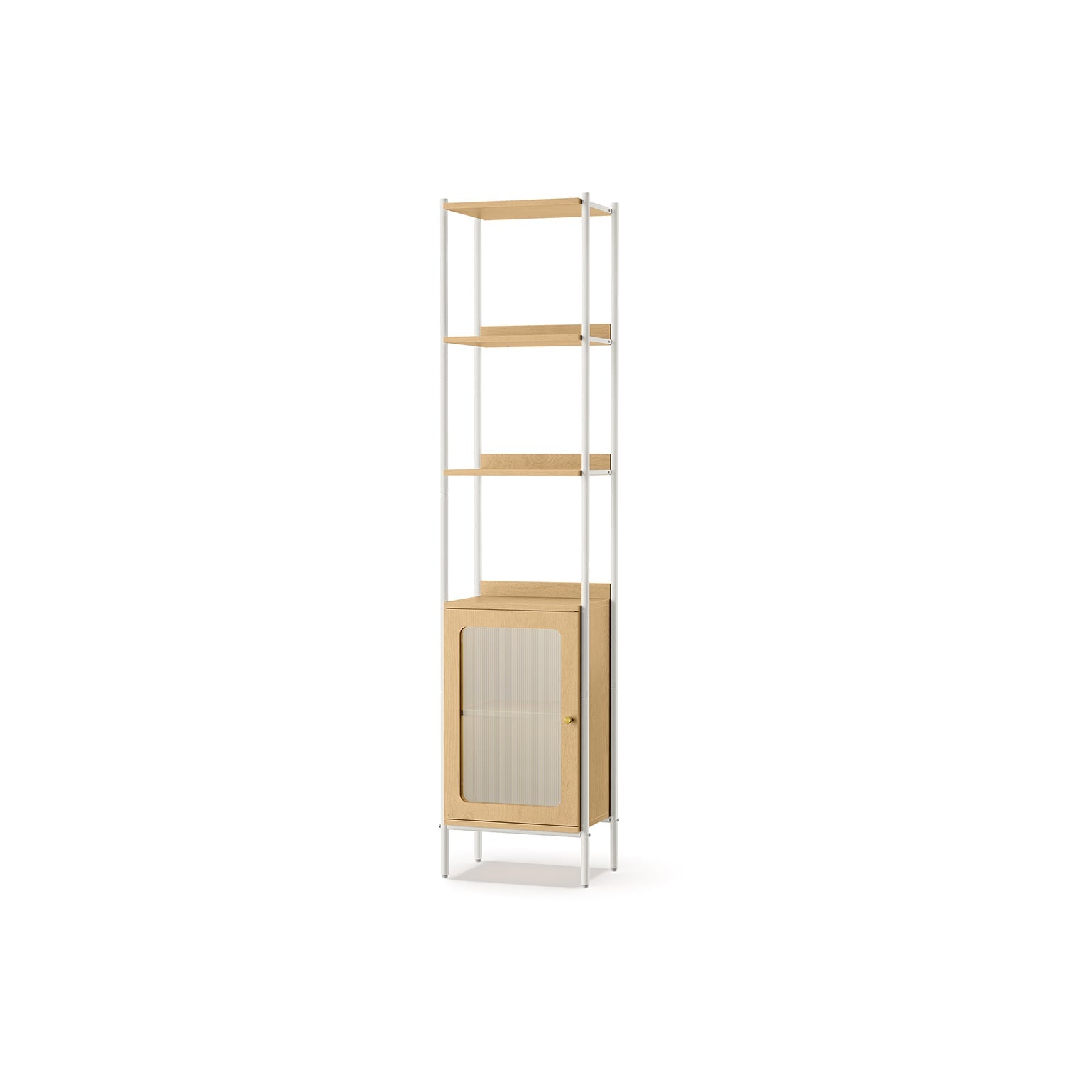 6-Tier Bookcase – Metal Frame and Rattan-Like Door – Oak Beige and Pearl White – Adjustable Shelves, Boho Style