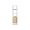 6-Tier Bookcase – Metal Frame and Rattan-Like Door – Oak Beige and Pearl White – Adjustable Shelves, Boho Style