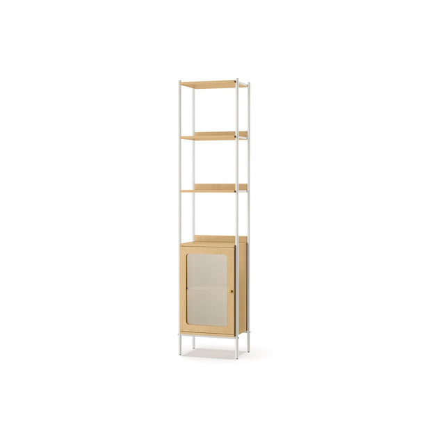 6-Tier Bookcase – Metal Frame and Rattan-Like Door – Oak Beige and Pearl White – Adjustable Shelves, Boho Style