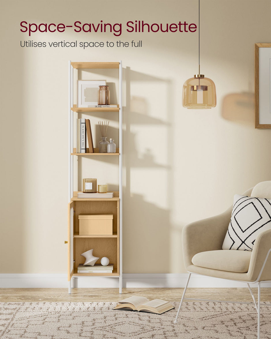 6-Tier Bookcase – Metal Frame and Rattan-Like Door – Oak Beige and Pearl White – Adjustable Shelves, Boho Style