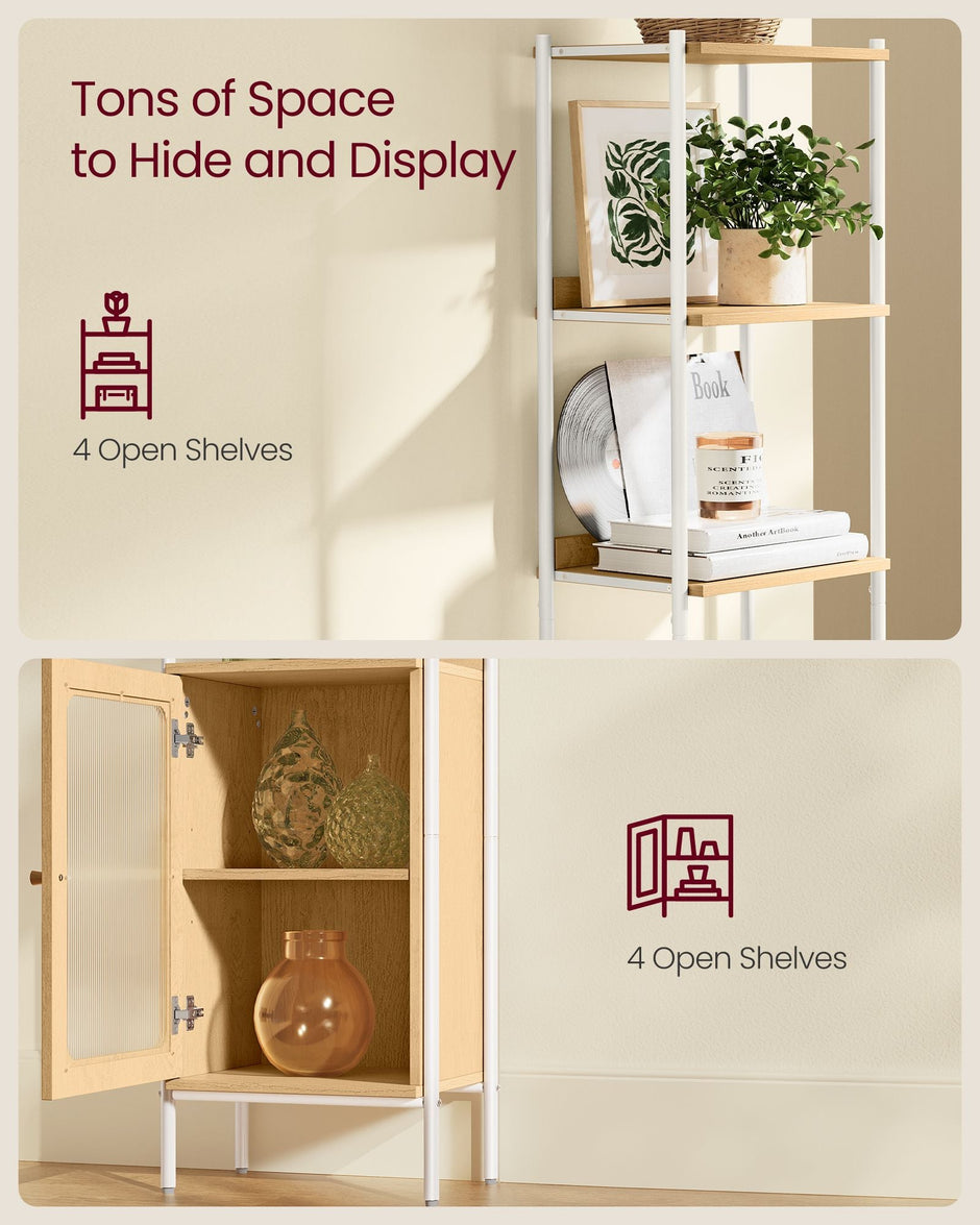 6-Tier Bookcase – Metal Frame and Rattan-Like Door – Oak Beige and Pearl White – Adjustable Shelves, Boho Style