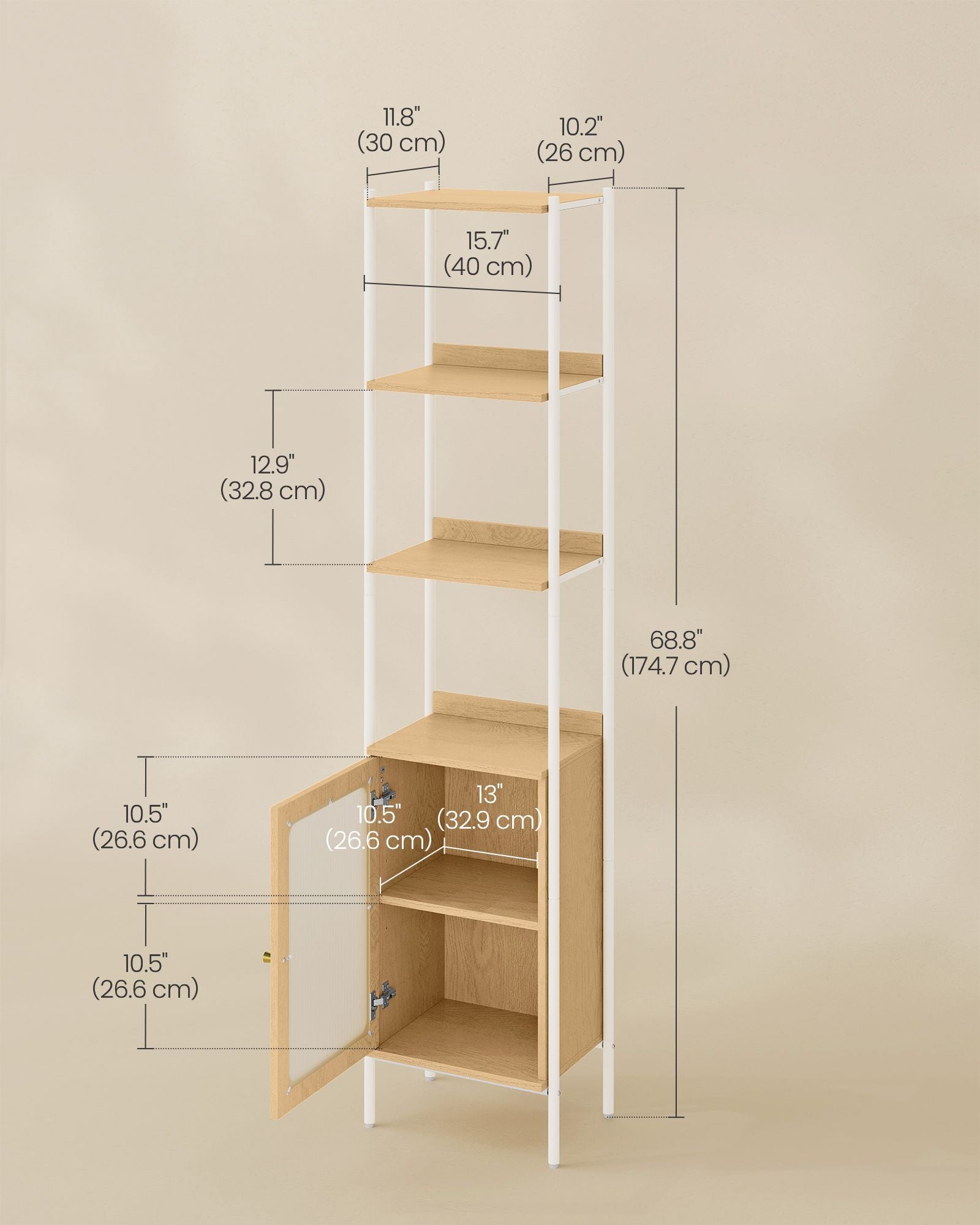 6-Tier Bookcase – Metal Frame and Rattan-Like Door – Oak Beige and Pearl White – Adjustable Shelves, Boho Style