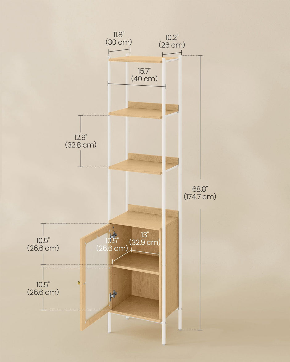 6-Tier Bookcase – Metal Frame and Rattan-Like Door – Oak Beige and Pearl White – Adjustable Shelves, Boho Style
