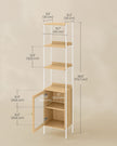 6-Tier Bookcase – Metal Frame and Rattan-Like Door – Oak Beige and Pearl White – Adjustable Shelves, Boho Style
