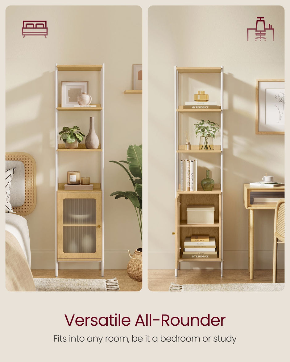 6-Tier Bookcase – Metal Frame and Rattan-Like Door – Oak Beige and Pearl White – Adjustable Shelves, Boho Style