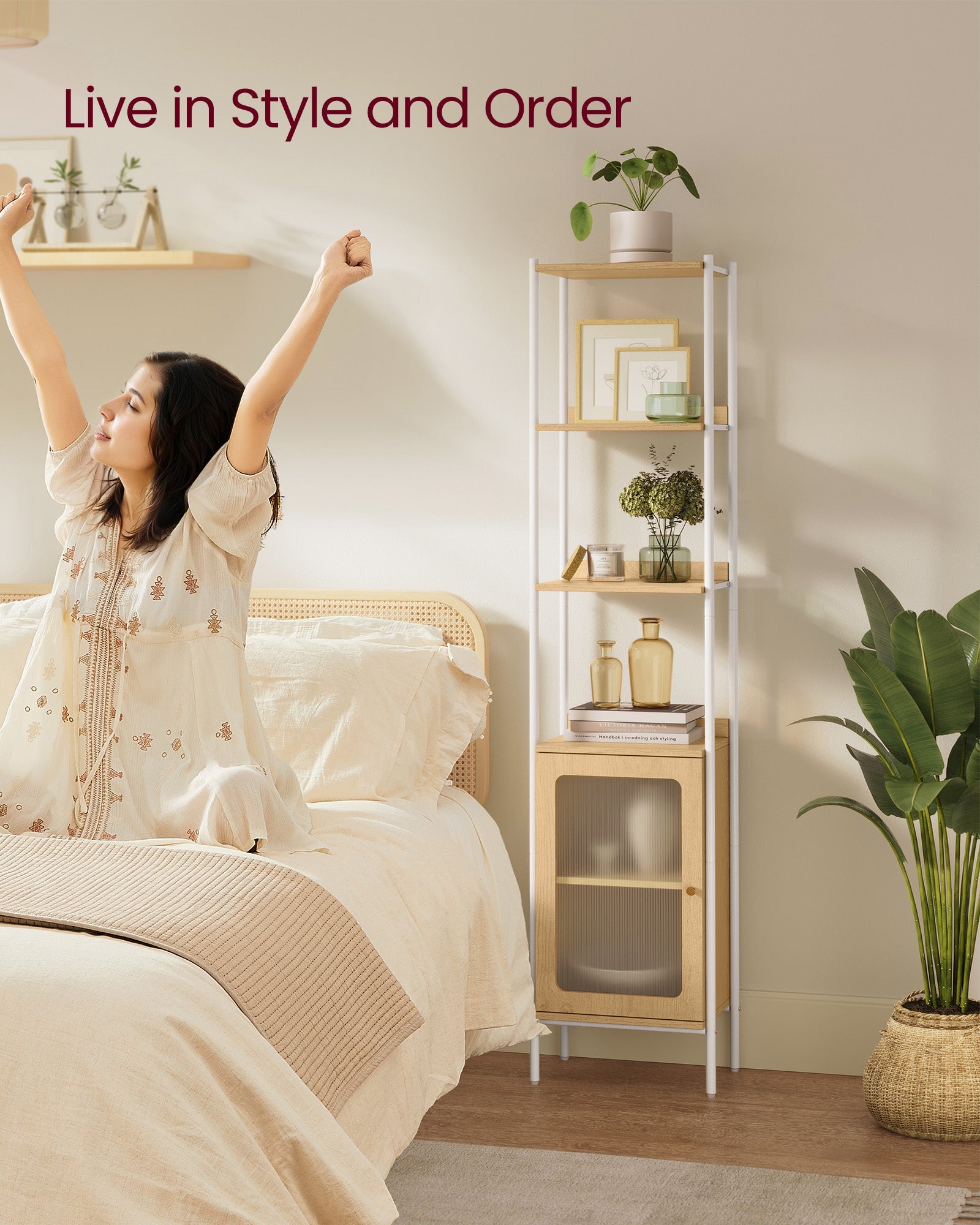6-Tier Bookcase – Metal Frame and Rattan-Like Door – Oak Beige and Pearl White – Adjustable Shelves, Boho Style