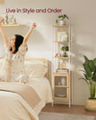 6-Tier Bookcase – Metal Frame and Rattan-Like Door – Oak Beige and Pearl White – Adjustable Shelves, Boho Style