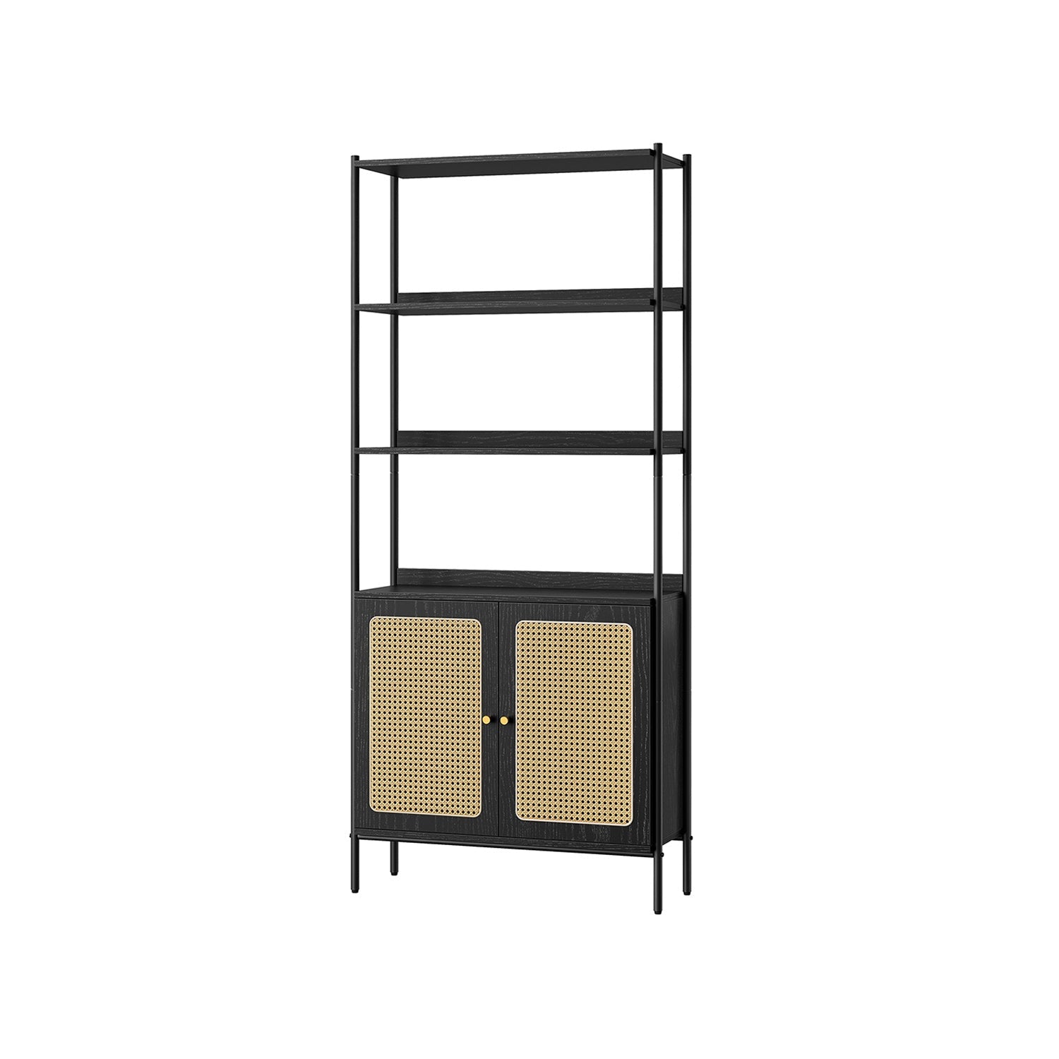 6-Tier Bookcase – Metal – Oak Beige and Pearl White – Adjustable Shelves with Rattan-Like Doors