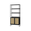 6-Tier Bookcase – Metal – Oak Beige and Pearl White – Adjustable Shelves with Rattan-Like Doors