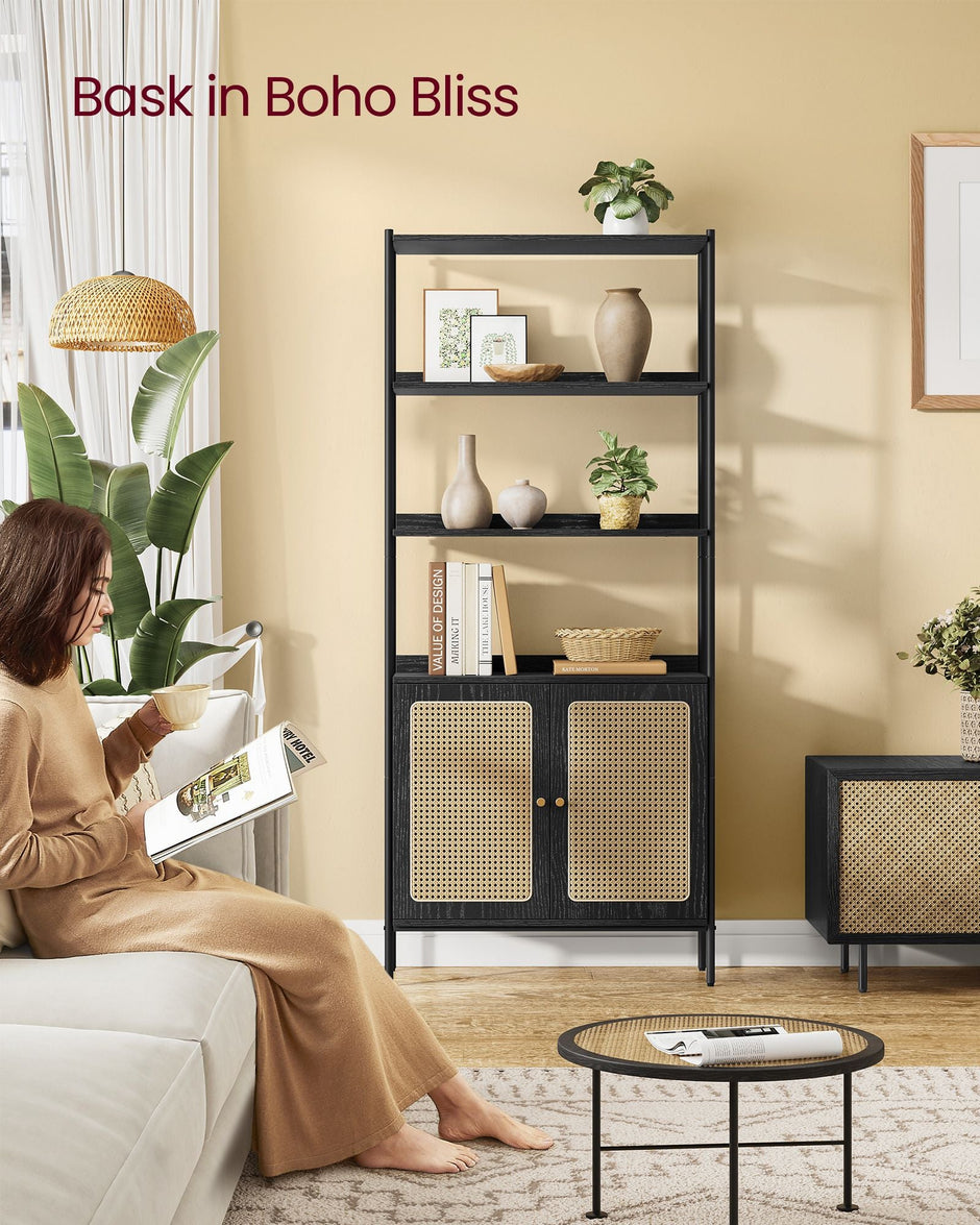 6-Tier Bookcase – Metal – Oak Beige and Pearl White – Adjustable Shelves with Rattan-Like Doors