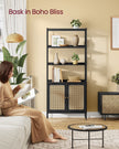 6-Tier Bookcase – Metal – Oak Beige and Pearl White – Adjustable Shelves with Rattan-Like Doors