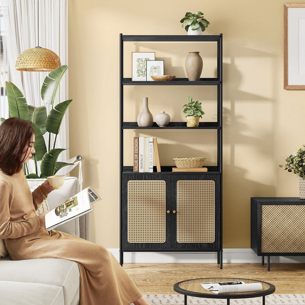 6-Tier Bookcase – Metal – Oak Beige and Pearl White – Adjustable Shelves with Rattan-Like Doors
