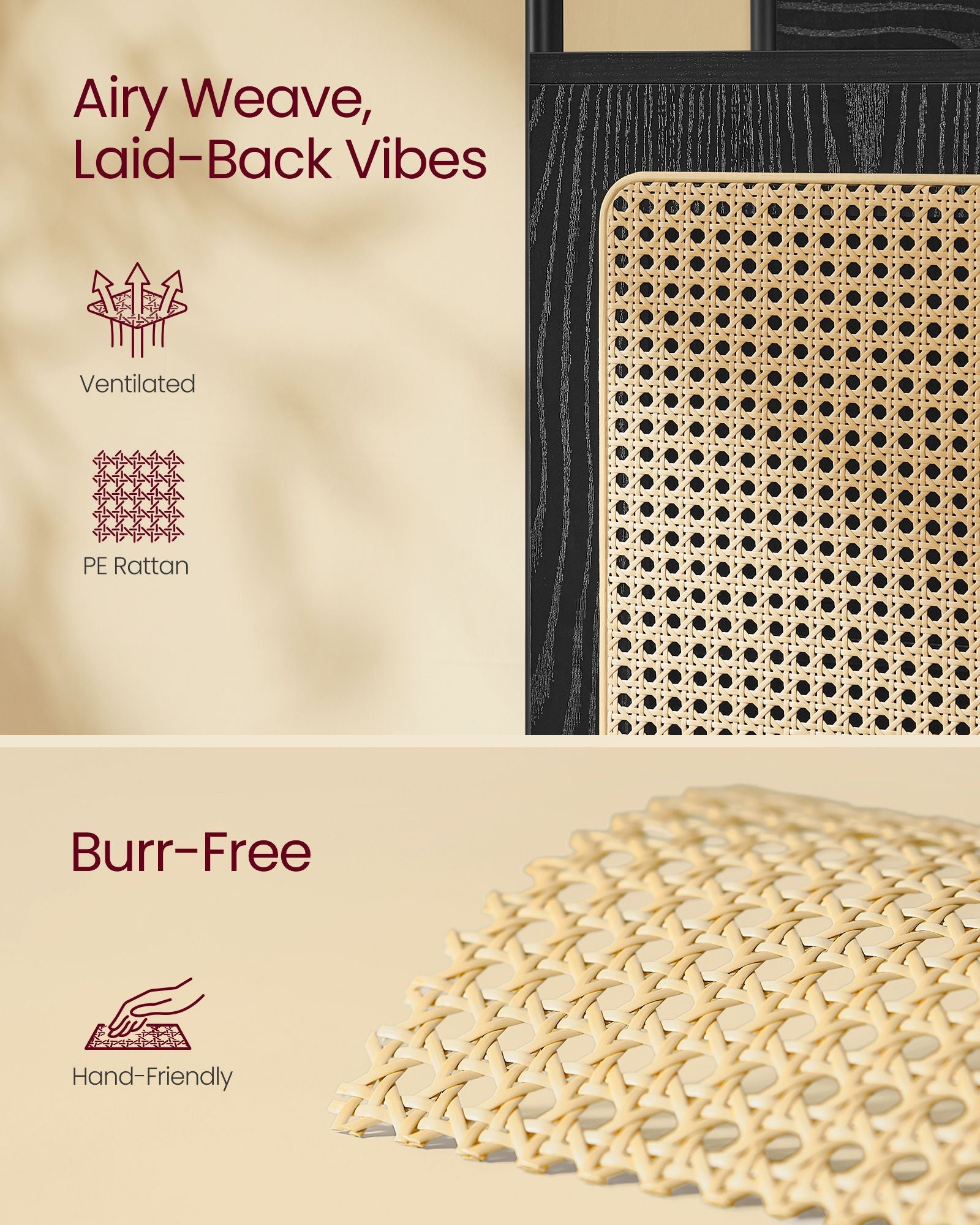 6-Tier Bookcase – Metal – Oak Beige and Pearl White – Adjustable Shelves with Rattan-Like Doors