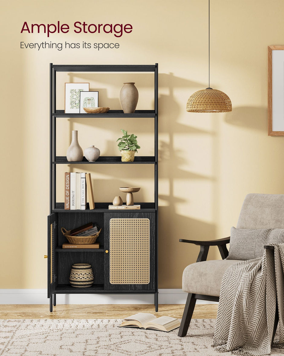 6-Tier Bookcase – Metal – Oak Beige and Pearl White – Adjustable Shelves with Rattan-Like Doors