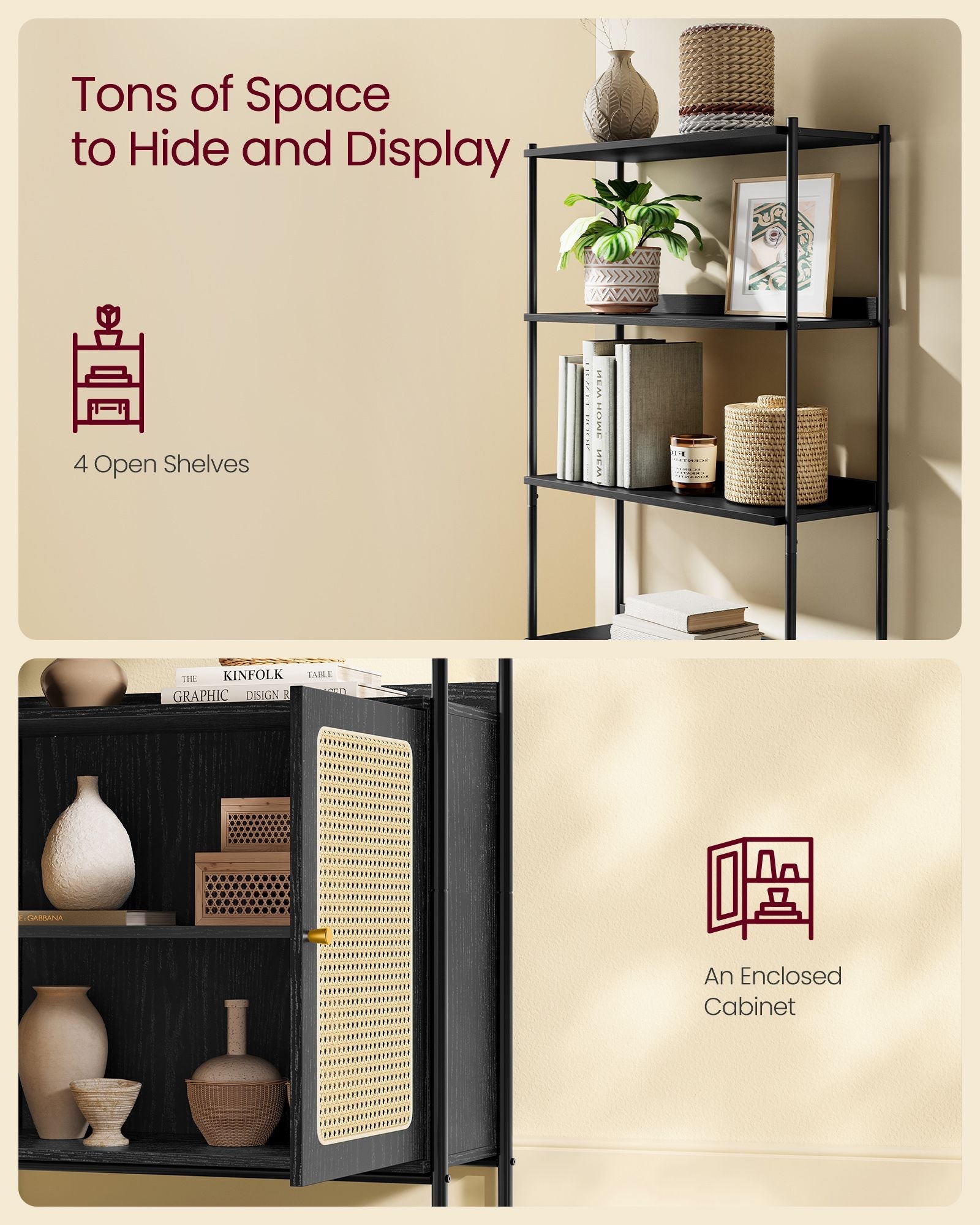 6-Tier Bookcase – Metal – Oak Beige and Pearl White – Adjustable Shelves with Rattan-Like Doors