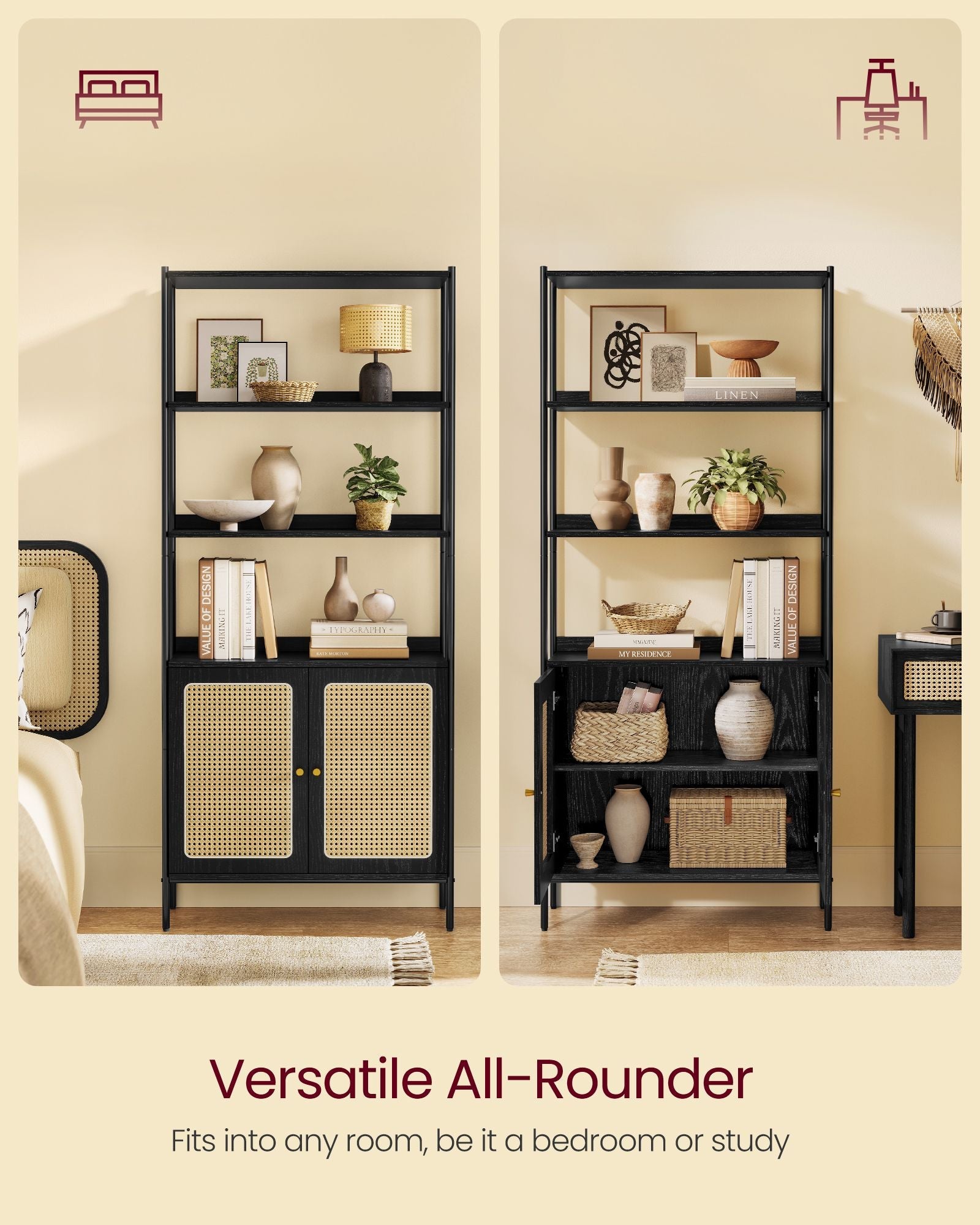 6-Tier Bookcase – Metal – Oak Beige and Pearl White – Adjustable Shelves with Rattan-Like Doors