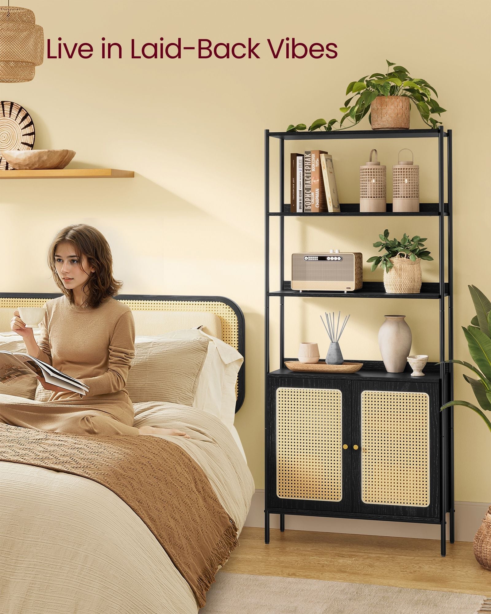 6-Tier Bookcase – Metal – Oak Beige and Pearl White – Adjustable Shelves with Rattan-Like Doors