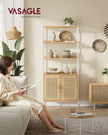 6-Tier Bookcase – Metal – Oak Beige and Pearl White – Adjustable Shelves with Rattan-Like Doors