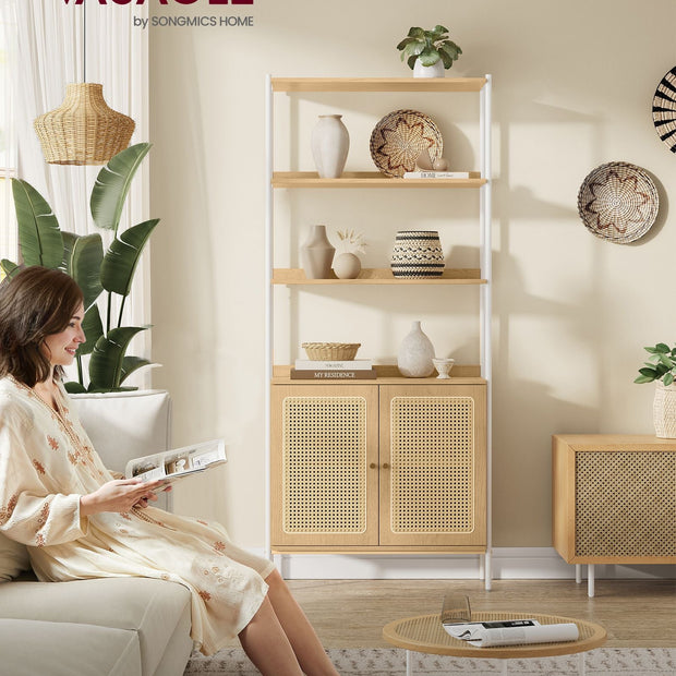6-Tier Bookcase – Metal – Oak Beige and Pearl White – Adjustable Shelves with Rattan-Like Doors
