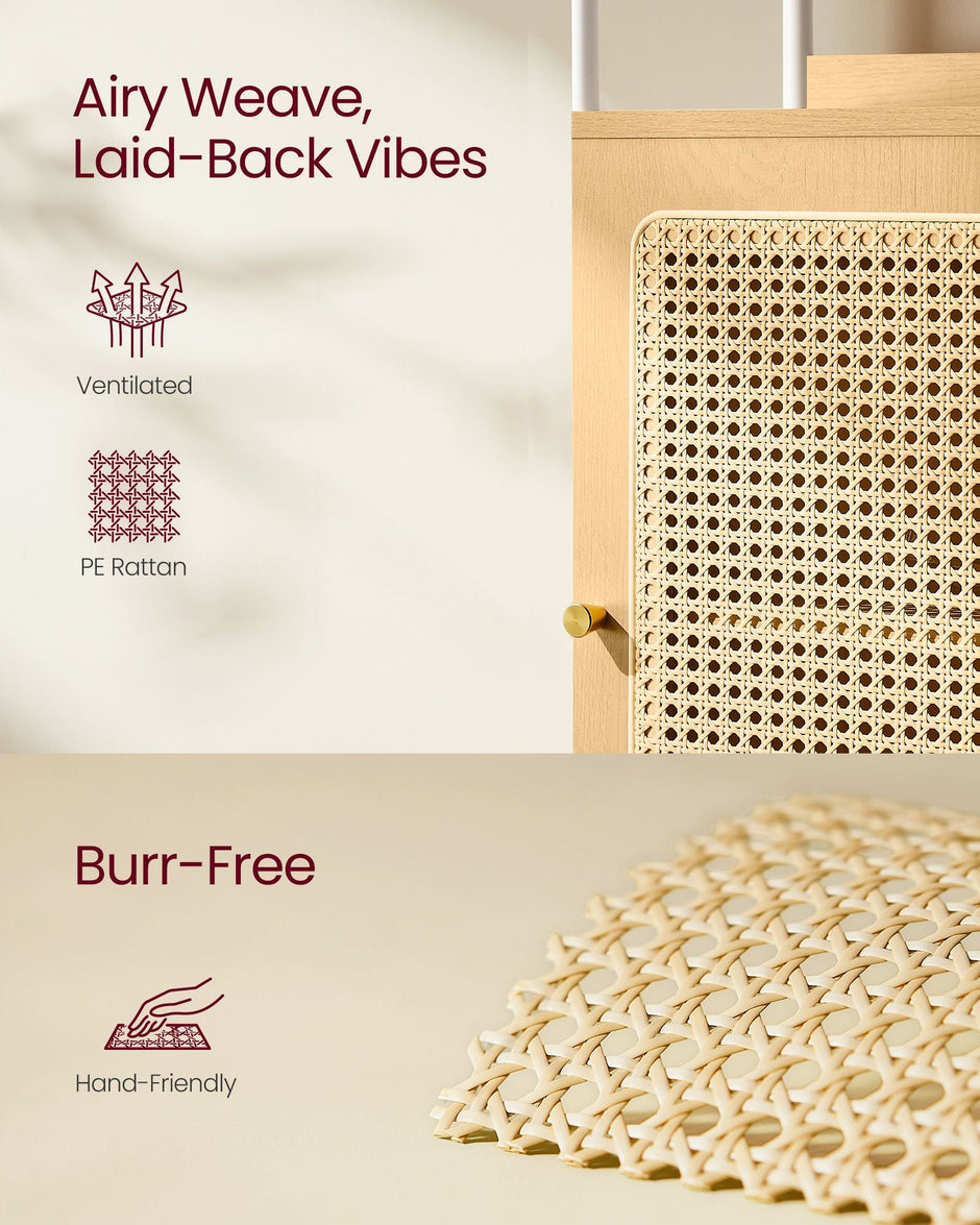 6-Tier Bookcase – Metal – Oak Beige and Pearl White – Adjustable Shelves with Rattan-Like Doors