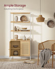 6-Tier Bookcase – Metal – Oak Beige and Pearl White – Adjustable Shelves with Rattan-Like Doors