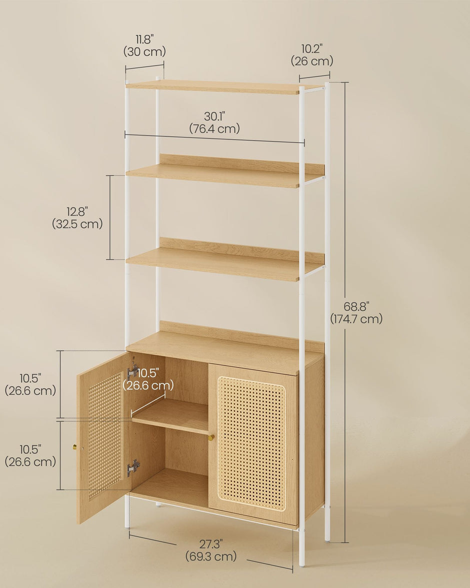 6-Tier Bookcase – Metal – Oak Beige and Pearl White – Adjustable Shelves with Rattan-Like Doors