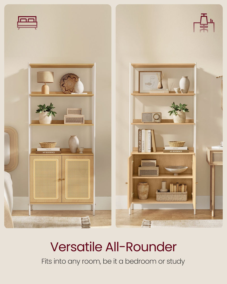 6-Tier Bookcase – Metal – Oak Beige and Pearl White – Adjustable Shelves with Rattan-Like Doors