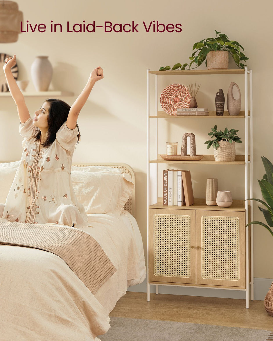6-Tier Bookcase – Metal – Oak Beige and Pearl White – Adjustable Shelves with Rattan-Like Doors