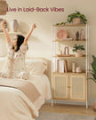 6-Tier Bookcase – Metal – Oak Beige and Pearl White – Adjustable Shelves with Rattan-Like Doors